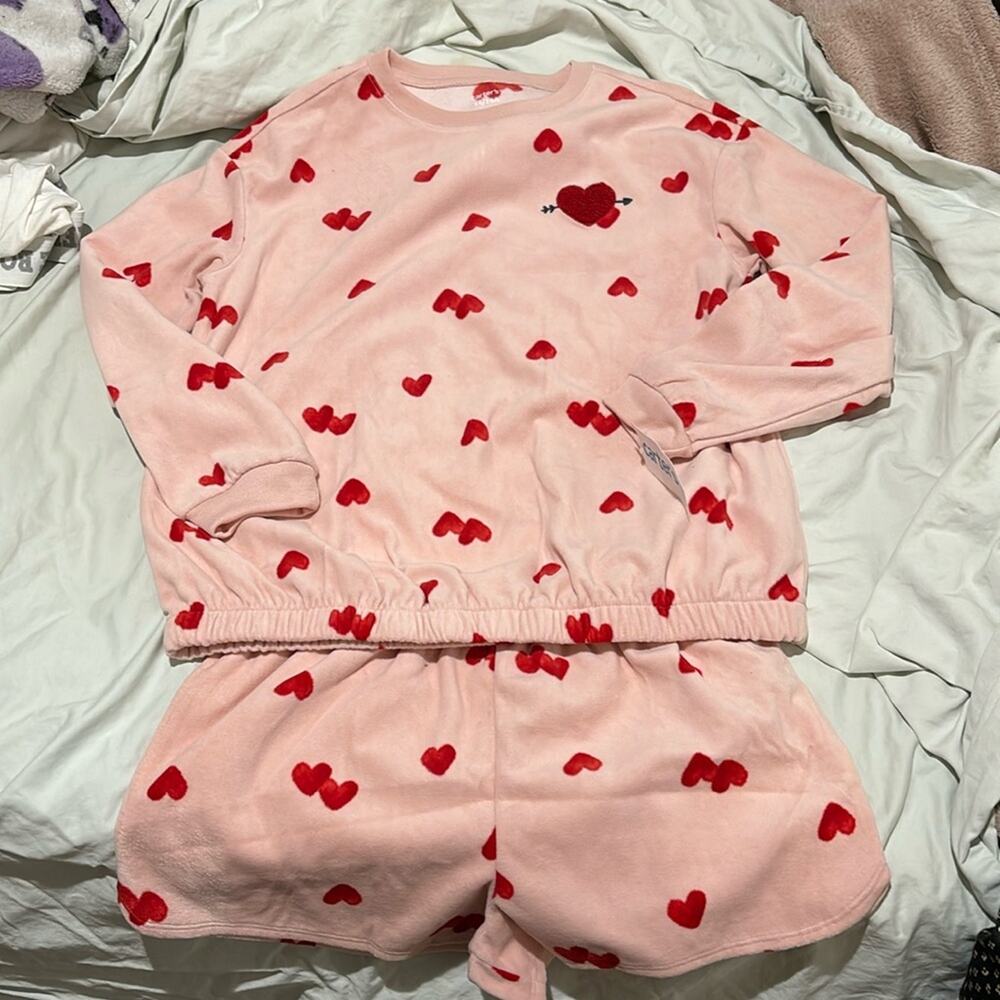 Carters 14 pale pink long sleeve fleece elastic shorts red hearts print nwt